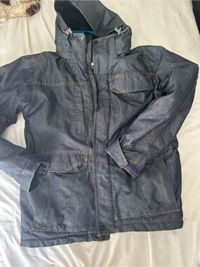 Women's Dark Denim Hooded Raincoat - Waterproof Blue Jacket snowboard/skicoat